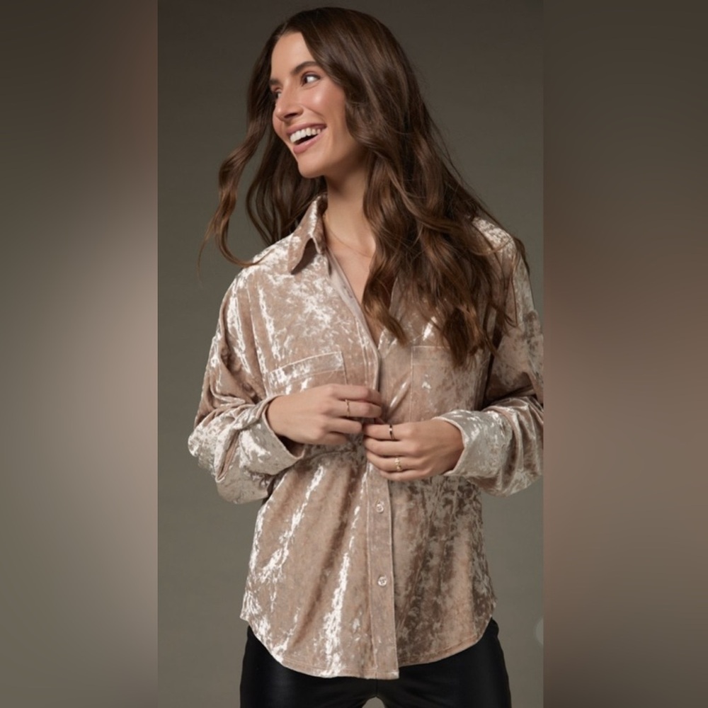 Francesca’s Collections Marisol Crushed Velvet Button Down Top - Pink M